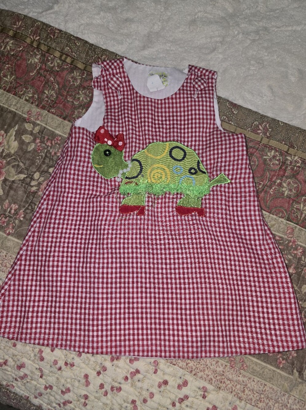 Little Girls Red Gingham Dress with Green Turtle Appliqué